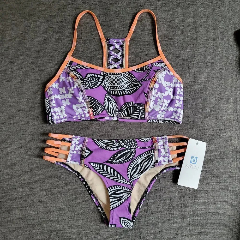 Kuleana Women's Purple Leaf Print Top & Bottom Two Piece Set Size xsmall